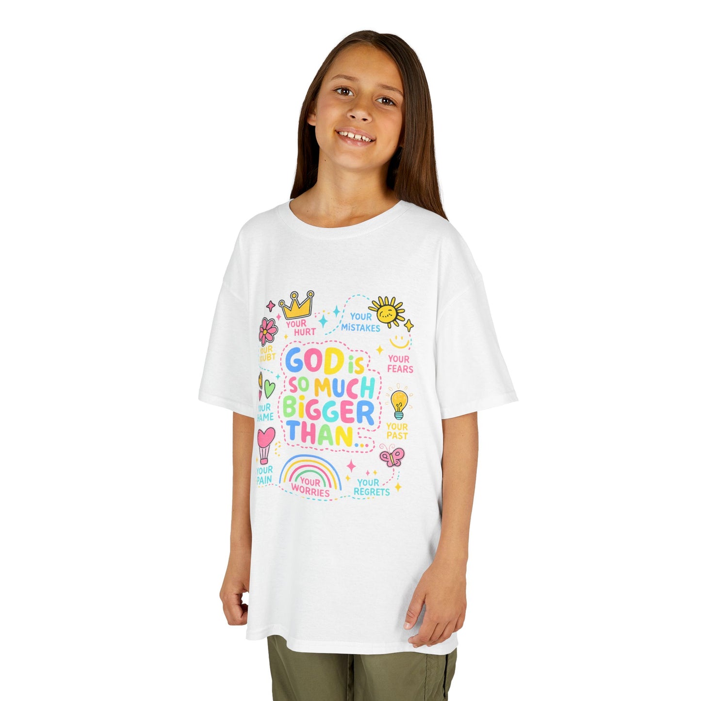 UNISEX Kids Tee — "God Is So Much Bigger Than" Colorful Faith Graphic