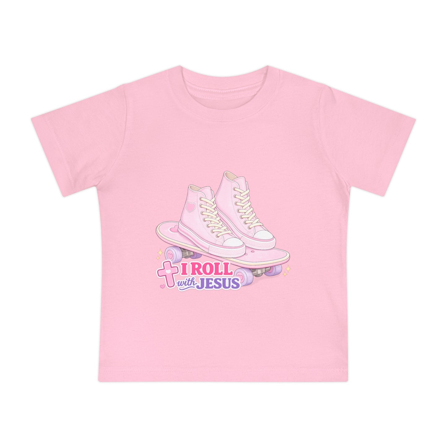 Baby T-Shirt — Pink Roller Skates "I Roll with Jesus" | Christian Infant Tee