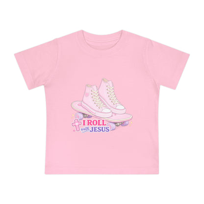 Baby T-Shirt — Pink Roller Skates "I Roll with Jesus" | Christian Infant Tee
