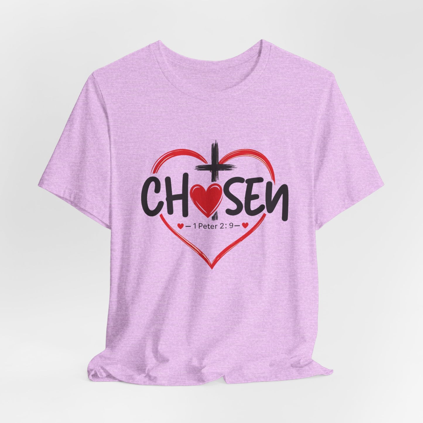 Chosen Heart Christian T-Shirt — "Chosen" with Cross & 1 Peter 2:9 Faith Tee