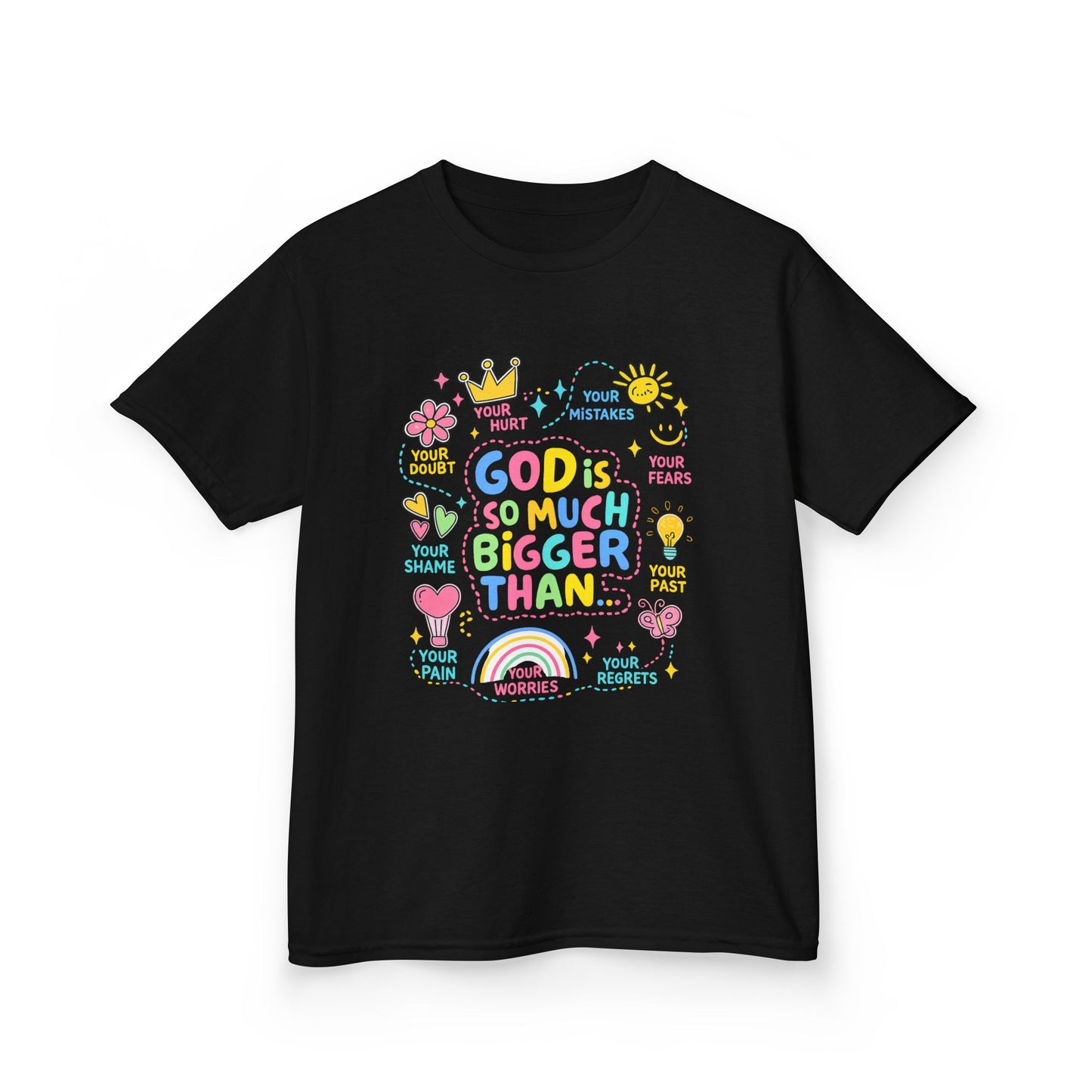 UNISEX Kids Tee — "God Is So Much Bigger Than" Colorful Faith Graphic