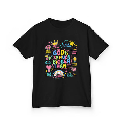 UNISEX Kids Tee — "God Is So Much Bigger Than" Colorful Faith Graphic