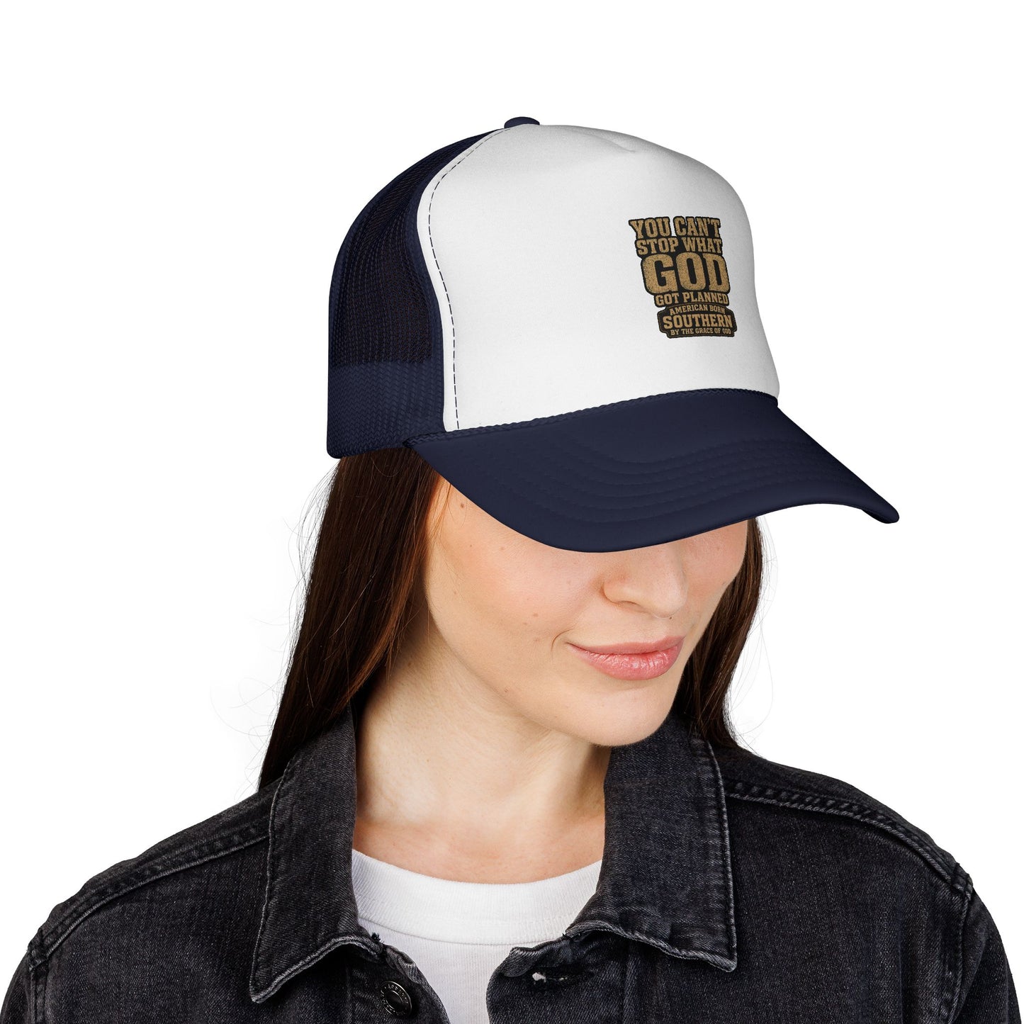 Southern Faith Trucker Cap — "You Can't Stop What God Got Planned" Mesh Hat