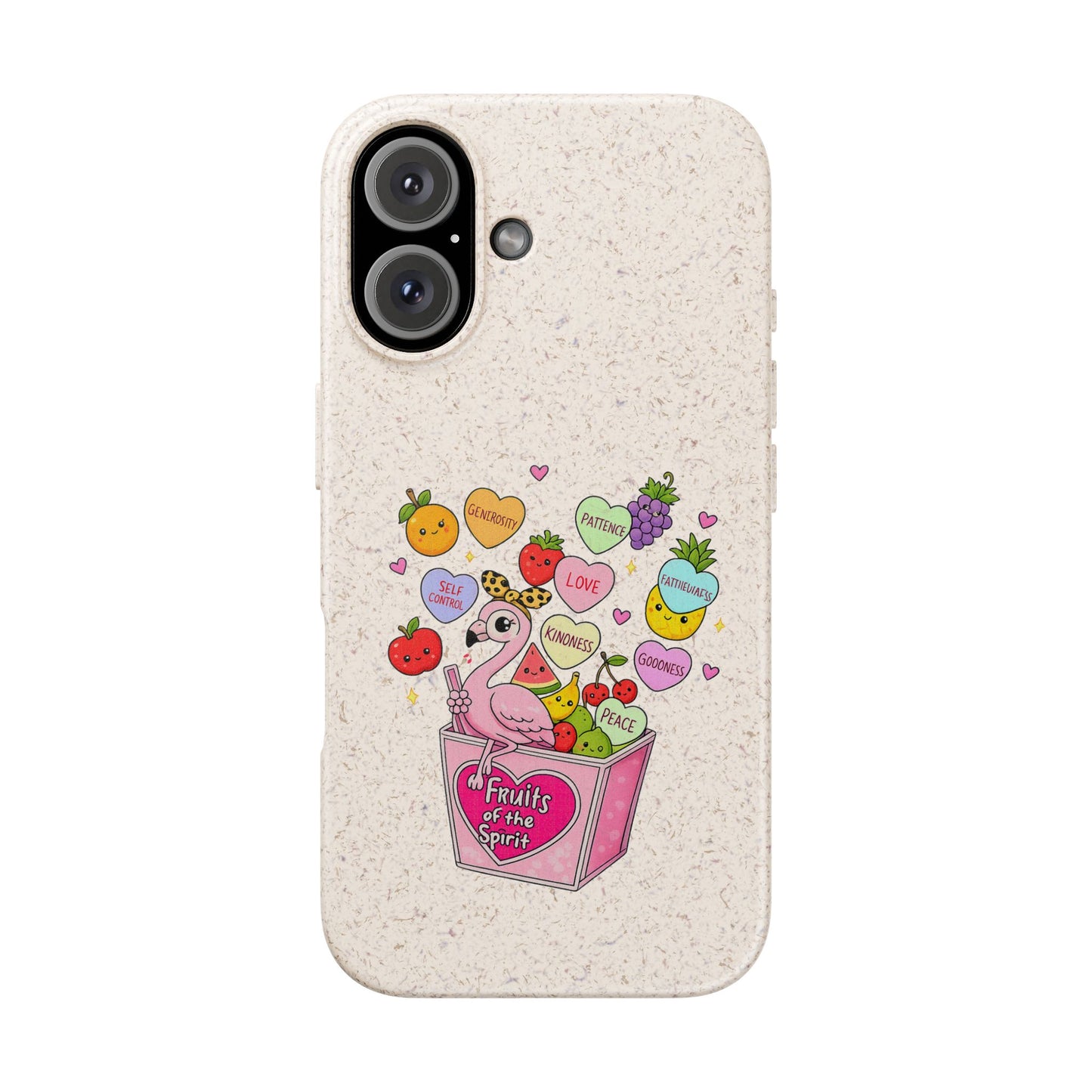 Biodegradable Phone Case — Cute Flamingo & Fruit Hearts "Fruity Love" Eco-Friendly iPhone Cover