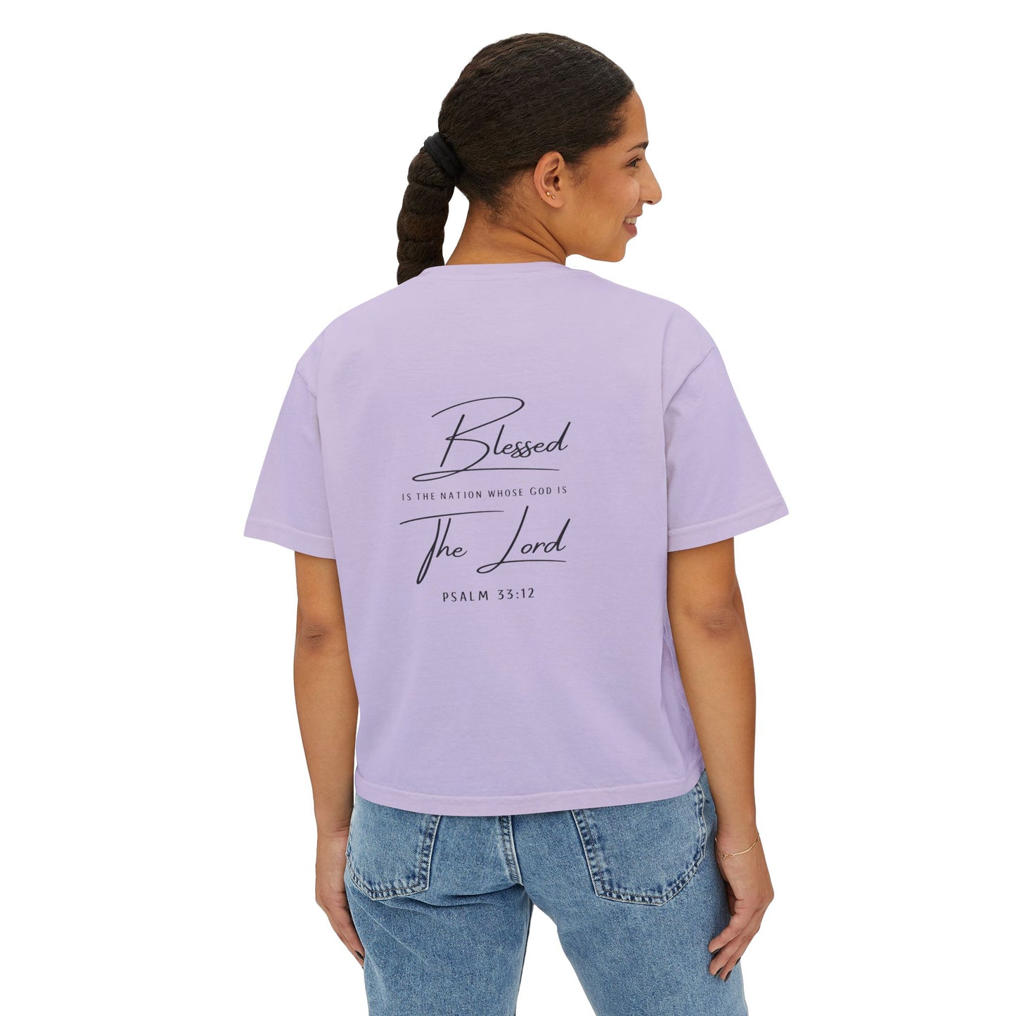 Blessed Tee — Women’s Boxy Christian T-Shirt with Flag Cross (Psalm 33:12)