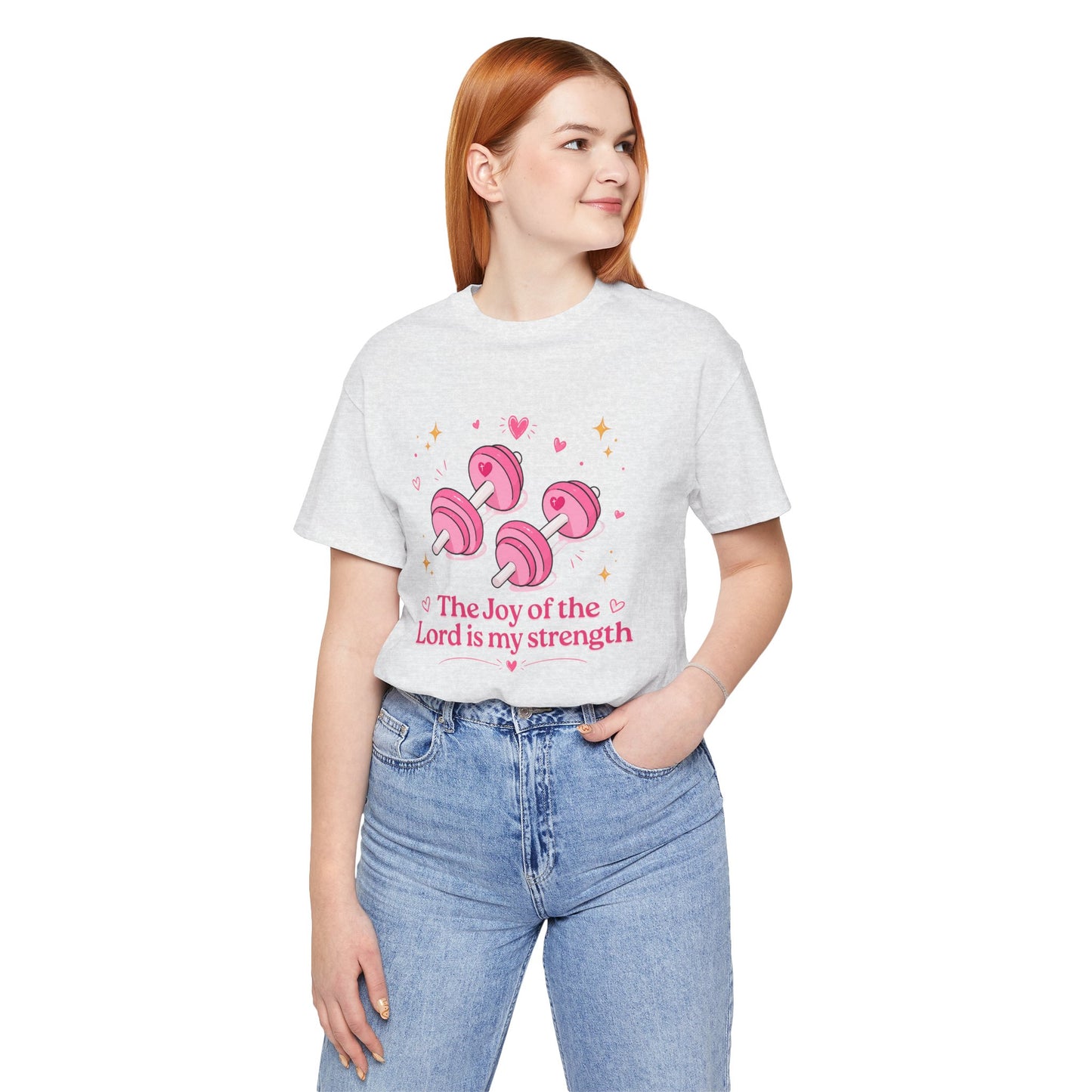 Christian Fitness T-Shirt — “The Joy of the Lord is My Strength” Pink Dumbbells Tee