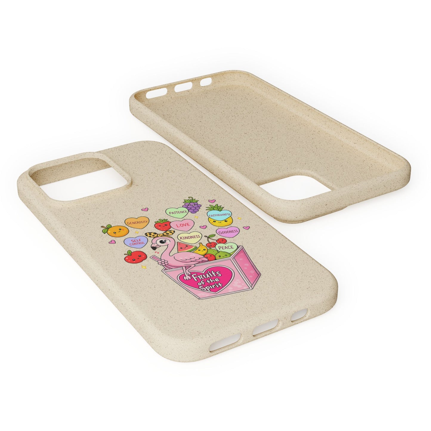 Biodegradable Phone Case — Cute Flamingo & Fruit Hearts "Fruity Love" Eco-Friendly iPhone Cover