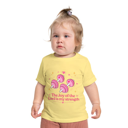 Baby Tee — "The Joy of the Lord is My Strength" Pink Dumbbell Christian Infant Shirt