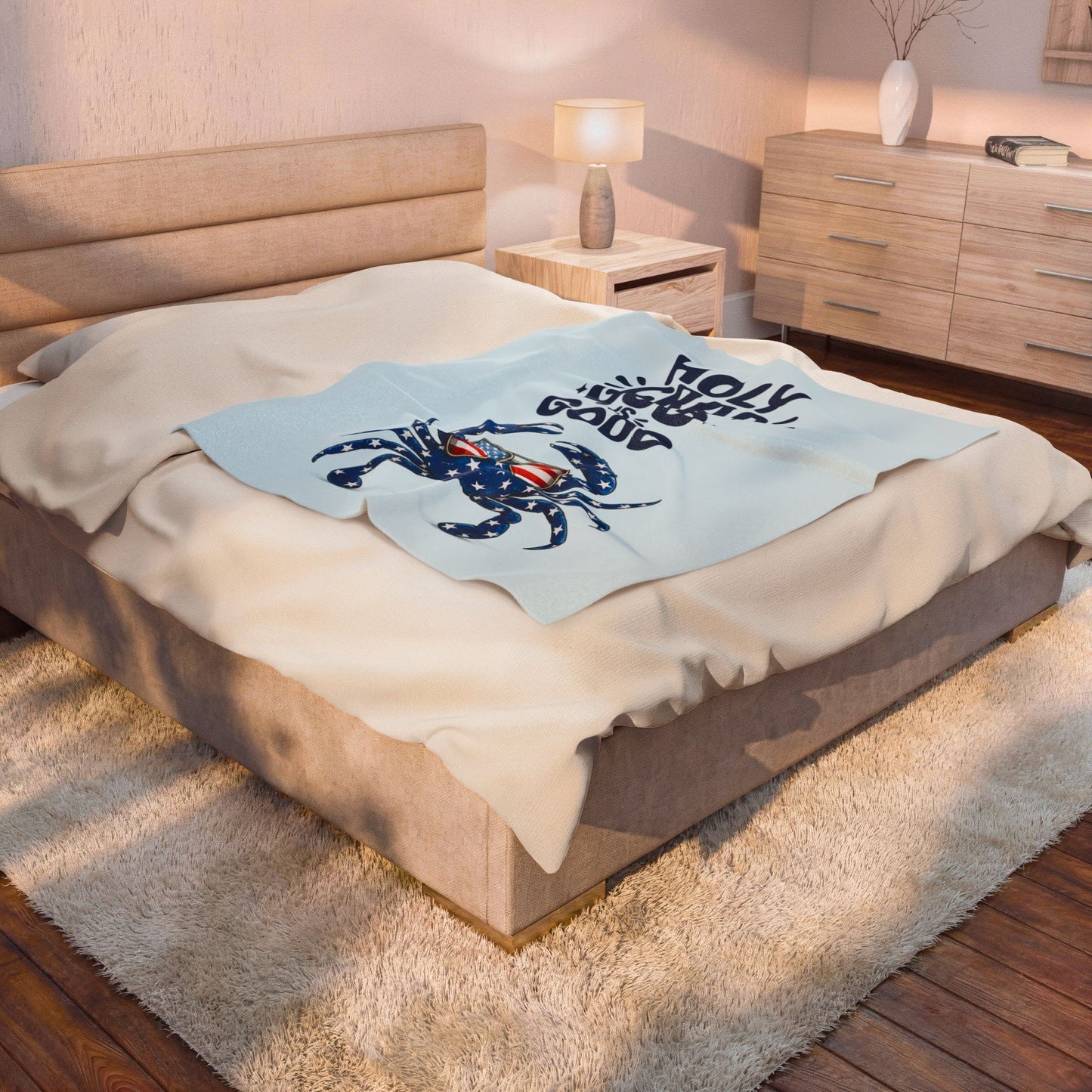 Velveteen Plush Blanket - "Holy Crab God Is Good" Patriotic Crab Throw (4th of July, Coastal Beach Gift)