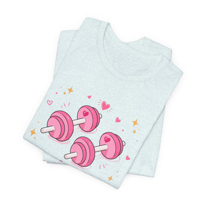 Christian Fitness T-Shirt — “The Joy of the Lord is My Strength” Pink Dumbbells Tee