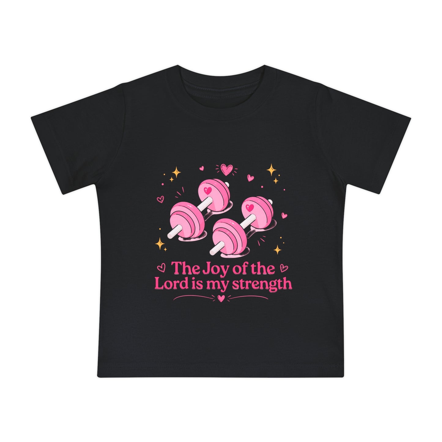 Baby Tee — "The Joy of the Lord is My Strength" Pink Dumbbell Christian Infant Shirt