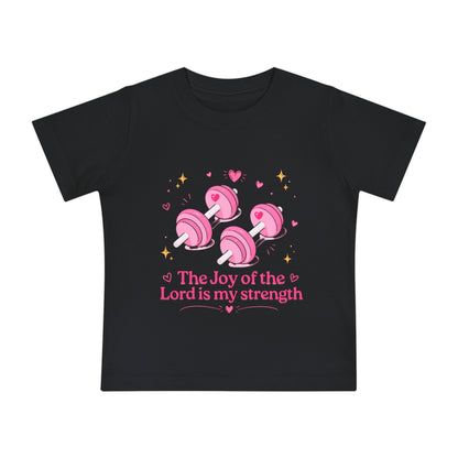 Baby Tee — "The Joy of the Lord is My Strength" Pink Dumbbell Christian Infant Shirt