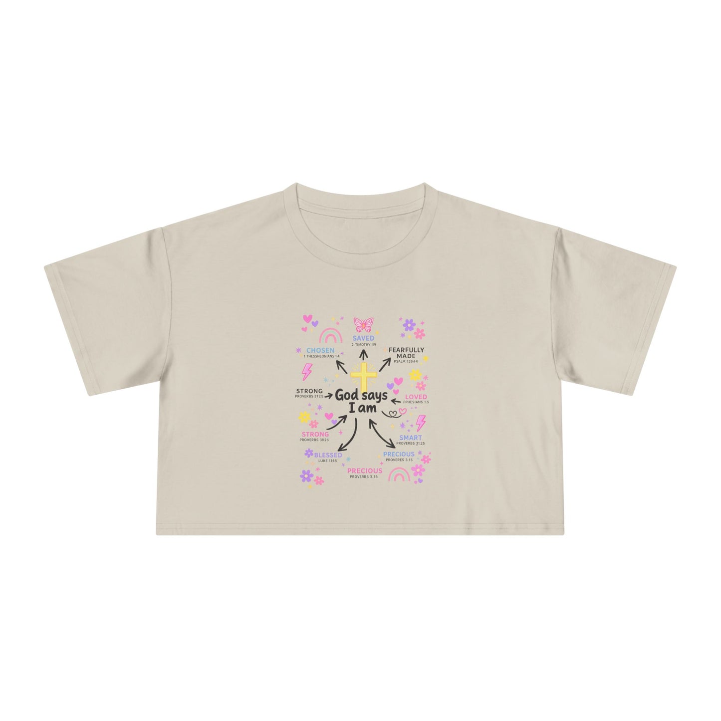 God Says I Am Floral Crop Tee — Christian Inspirational Women's Top
