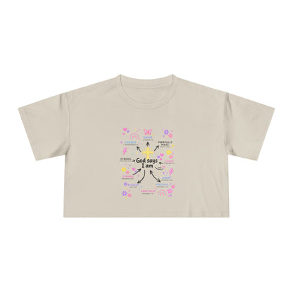 God Says I Am Floral Crop Tee — Christian Inspirational Women's Top