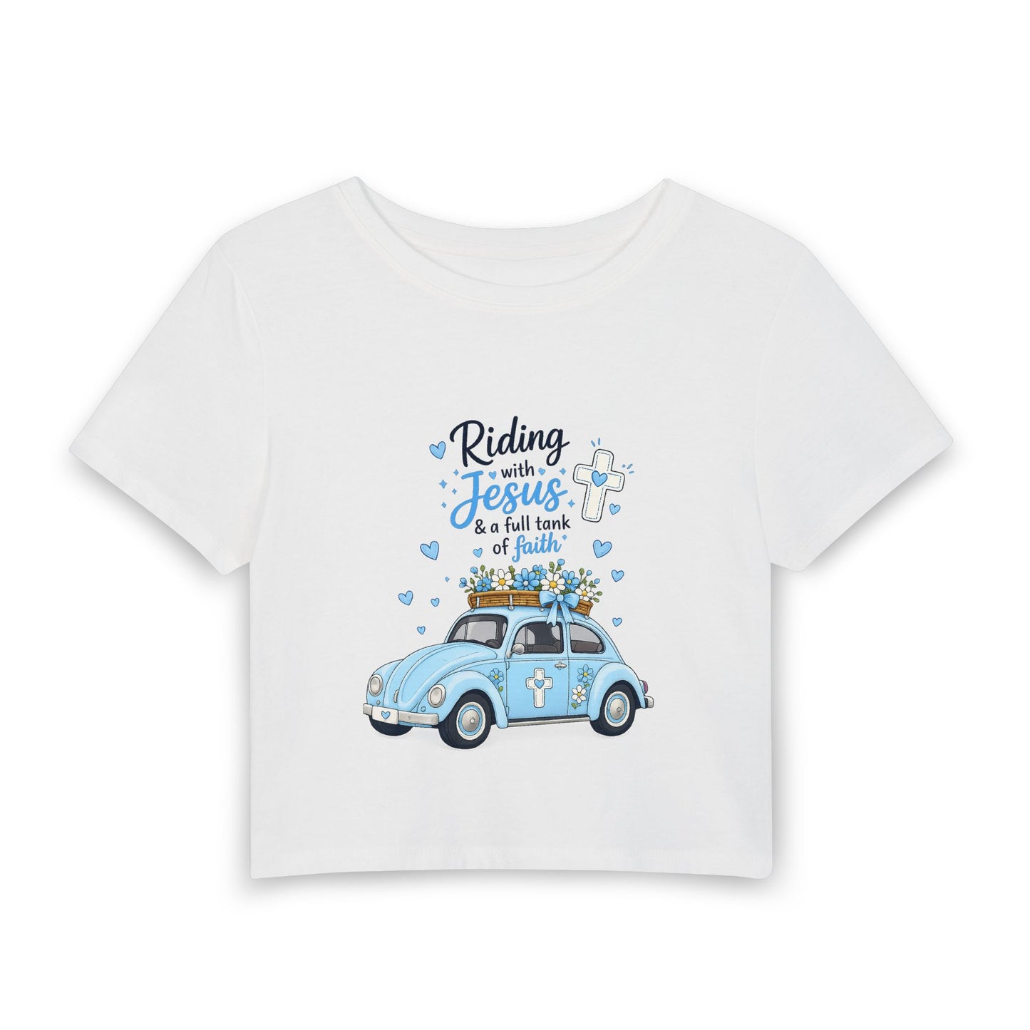 Women’s Crop Tee — "Riding with Jesus" Blue Vintage Car Faith Graphic
