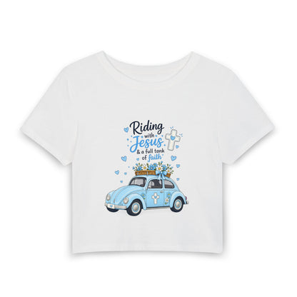 Women’s Crop Tee — "Riding with Jesus" Blue Vintage Car Faith Graphic