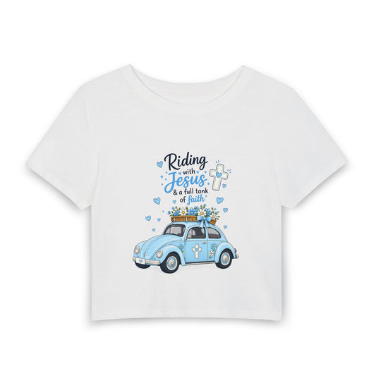 Women’s Crop Tee — "Riding with Jesus" Blue Vintage Car Faith Graphic