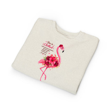 Toddler Sweatshirt - Pink Floral Flamingo "She is clothed" Valentine XOXO