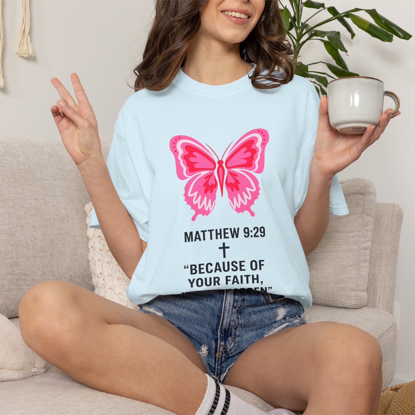 Faith Butterfly T-Shirt — Matthew 9:29 "Because of Your Faith, It Will Happen"