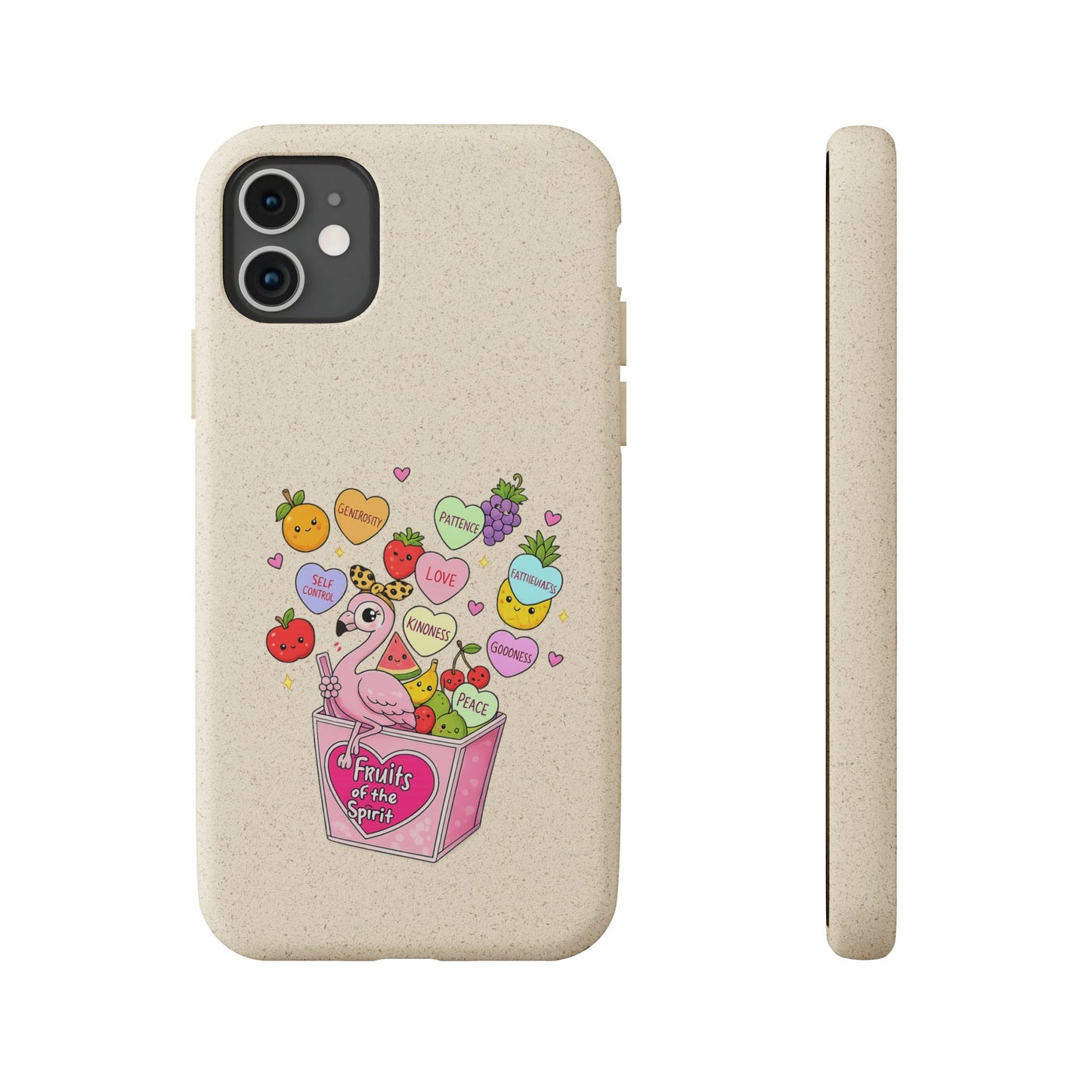 Biodegradable Phone Case — Cute Flamingo & Fruit Hearts "Fruity Love" Eco-Friendly iPhone Cover