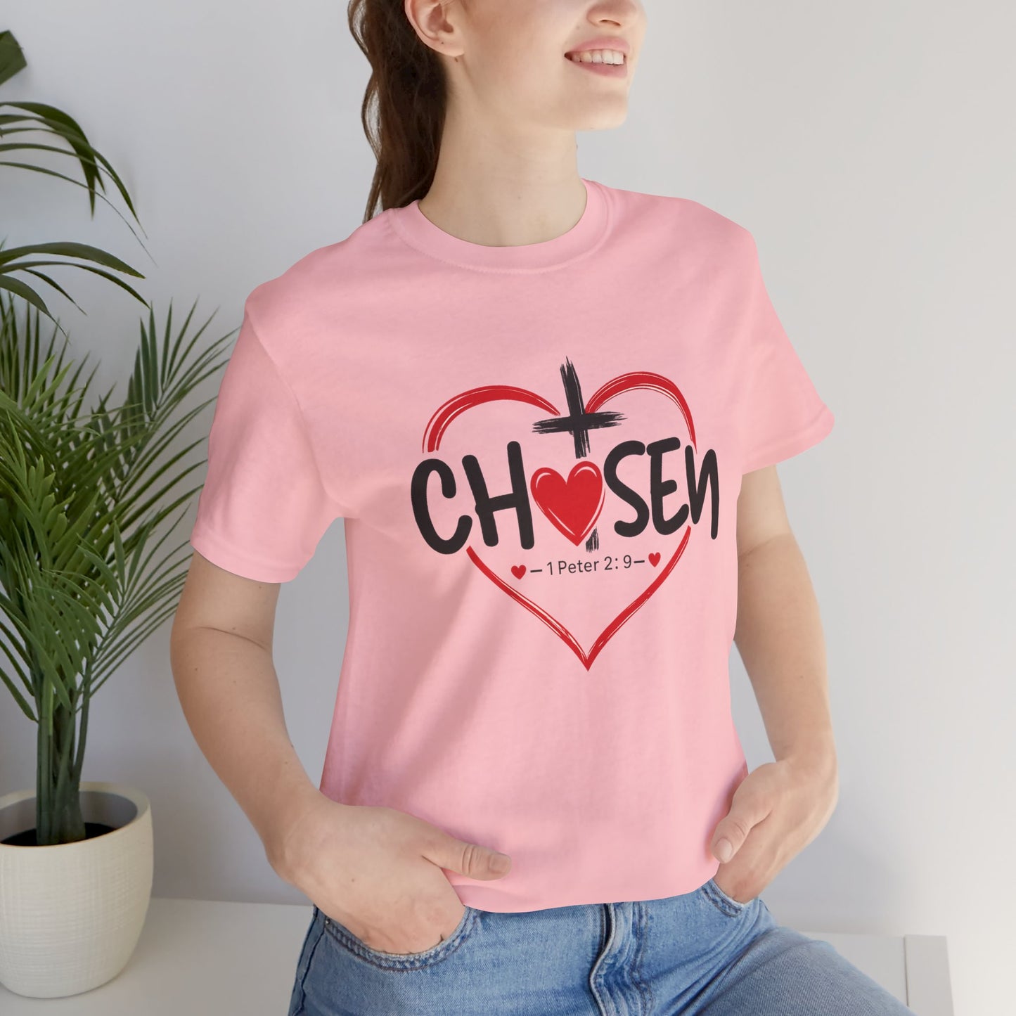 Chosen Heart Christian T-Shirt — "Chosen" with Cross & 1 Peter 2:9 Faith Tee
