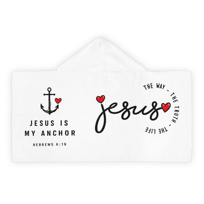 Youth Hooded Towel — "Jesus" Script with Hearts | Christian Bath & Beach Towel for Kids