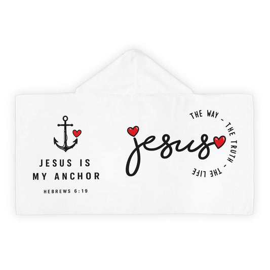 Youth Hooded Towel — "Jesus" Script with Hearts | Christian Bath & Beach Towel for Kids