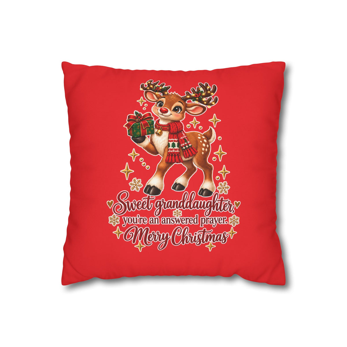 Christmas Reindeer Pillow - "Sweet Granddaughter You're an Answered Prayer" Holiday Throw Pillow