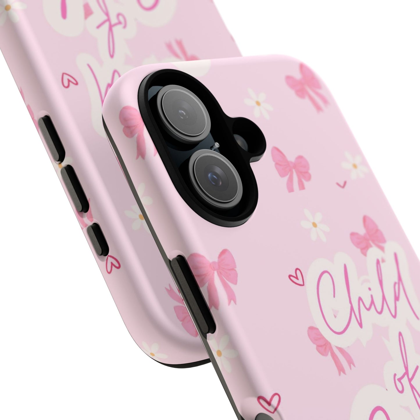 Child of God Pink Phone Case — Cute Christian iPhone Cover with Bows & Hearts