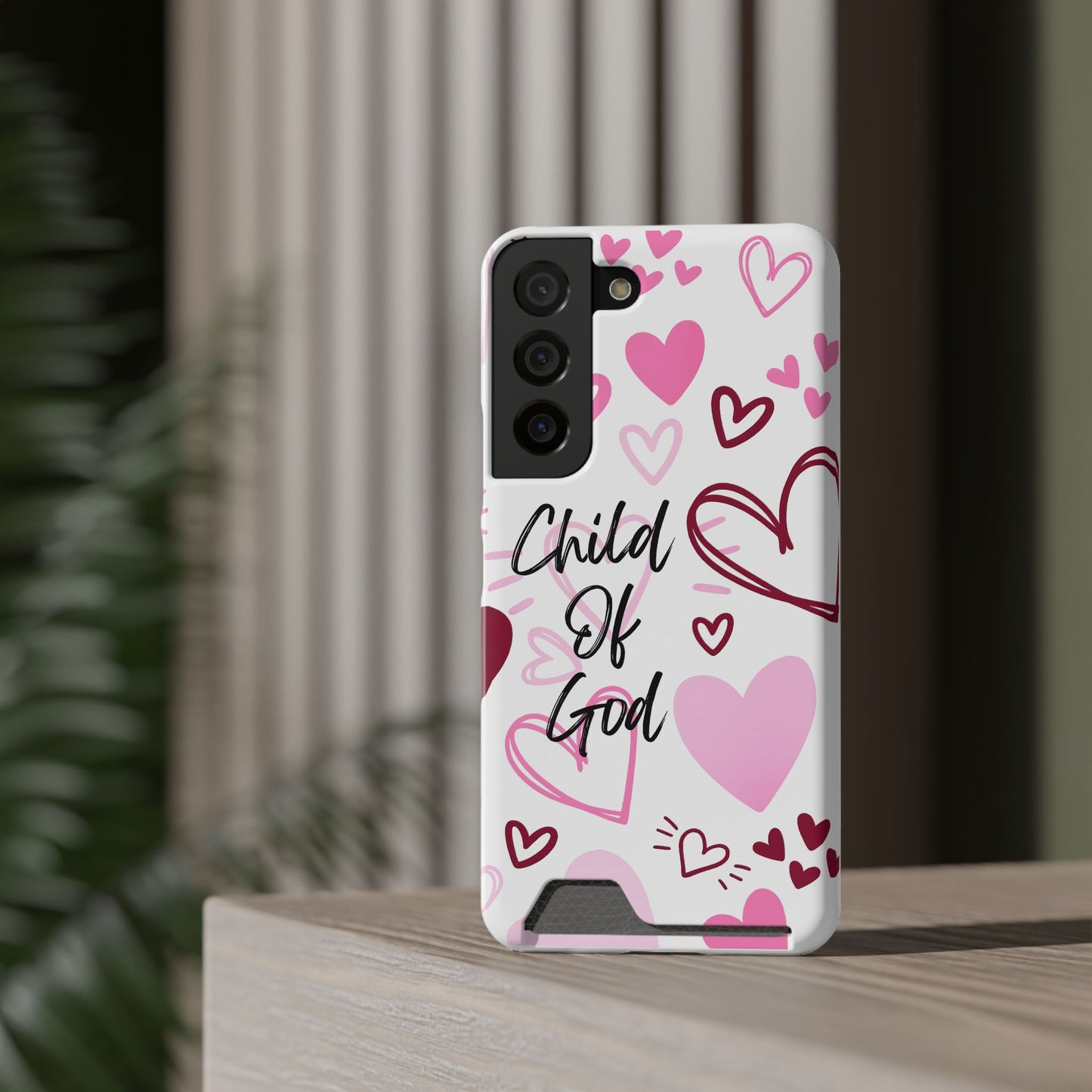 Phone Case — "Child of God" Card Holder Case, Pink Hearts Christian Phone Cover