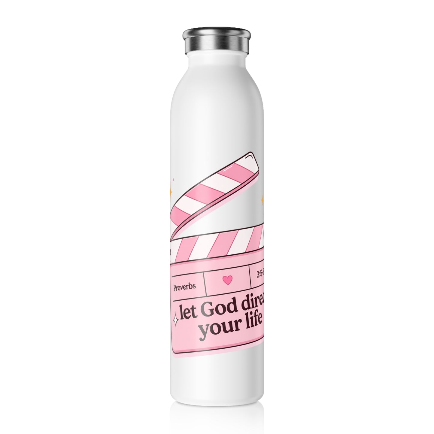 Slim Water Bottle — Pink Scripture Clapperboard “Let God Direct Your Life” Inspirational Bottle