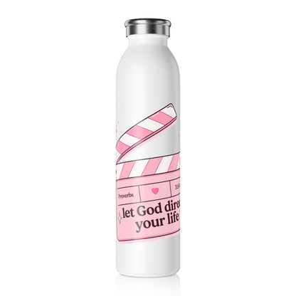Slim Water Bottle — Pink Scripture Clapperboard “Let God Direct Your Life” Inspirational Bottle