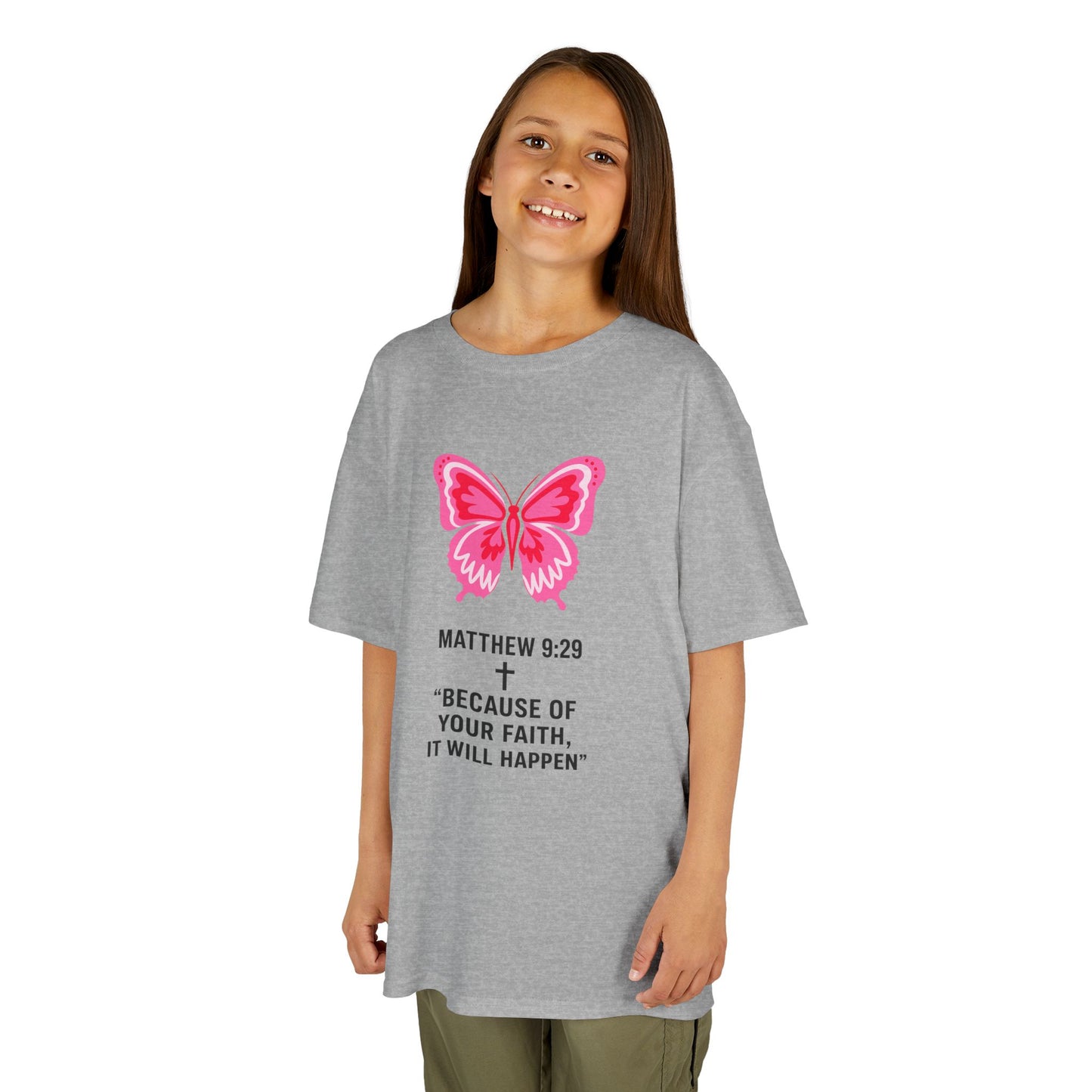Kids Tee — Pink Butterfly with Matthew 9:29 Inspirational Faith Quote