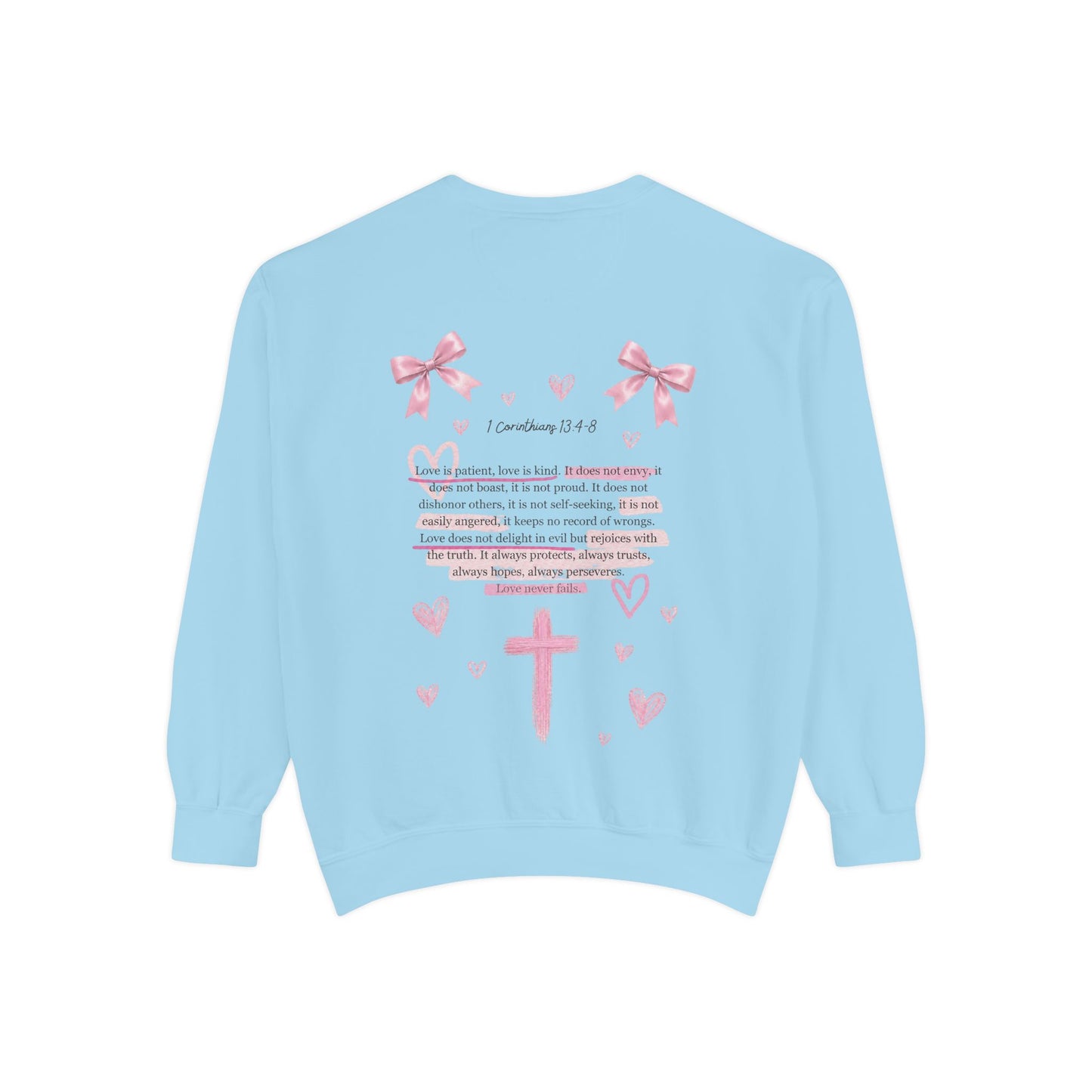 Christian Cross Sweatshirt — Pink Faith Message Garment-Dyed Crewneck