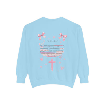 Christian Cross Sweatshirt — Pink Faith Message Garment-Dyed Crewneck