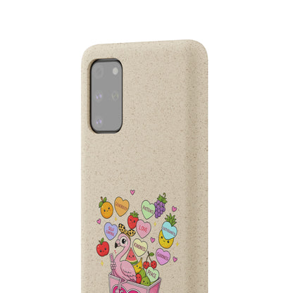 Biodegradable Phone Case — Cute Flamingo & Fruit Hearts "Fruity Love" Eco-Friendly iPhone Cover