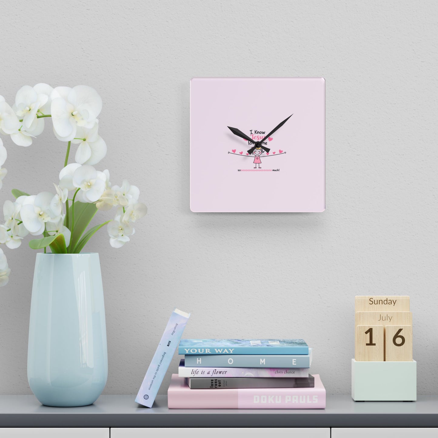 Acrylic Wall Clock - Cute Pink 'I Know Jesus Loves Me' Kids Nursery Clock