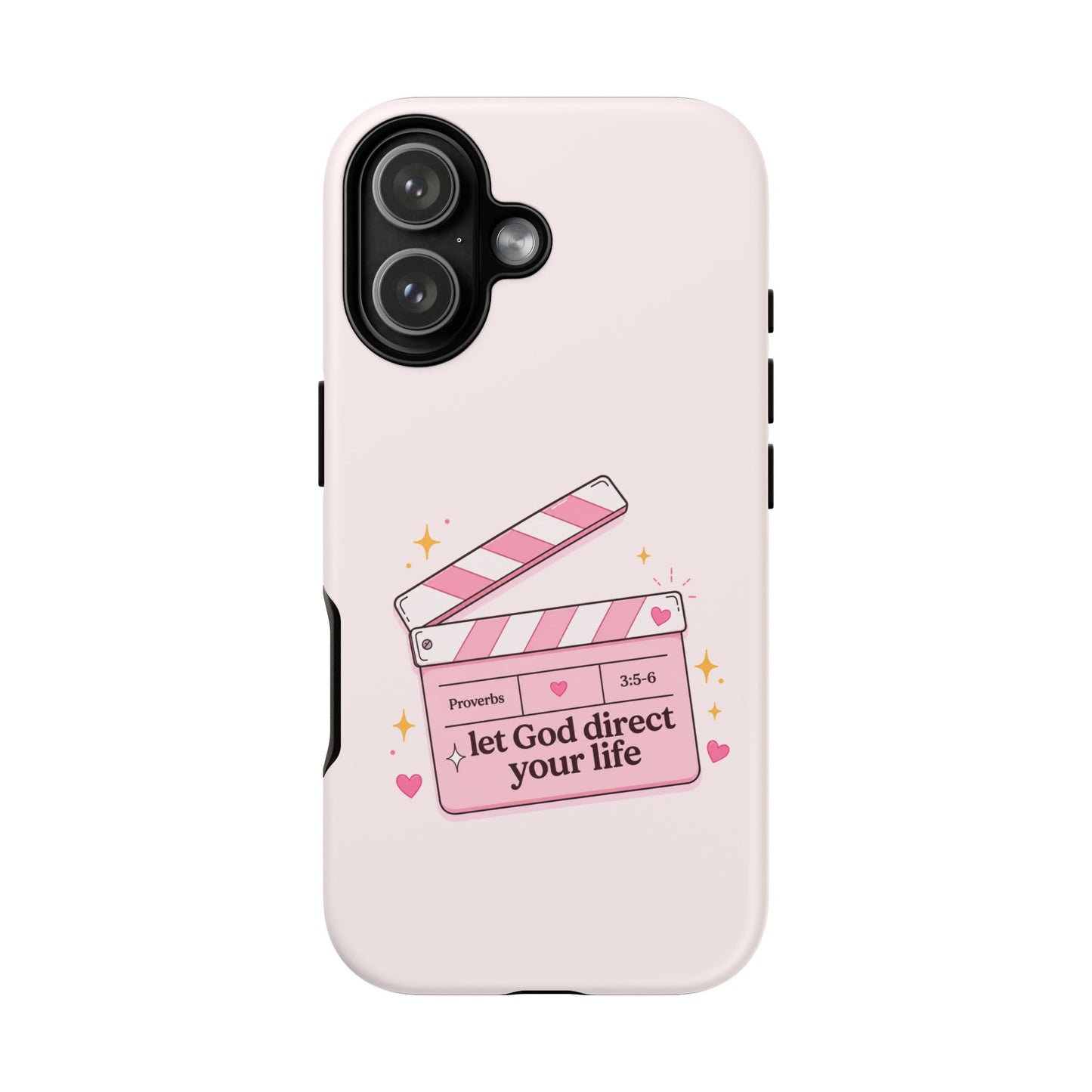 Pink Christian Phone Case — "Let God Direct Your Life" Cute Movie Clapper Design