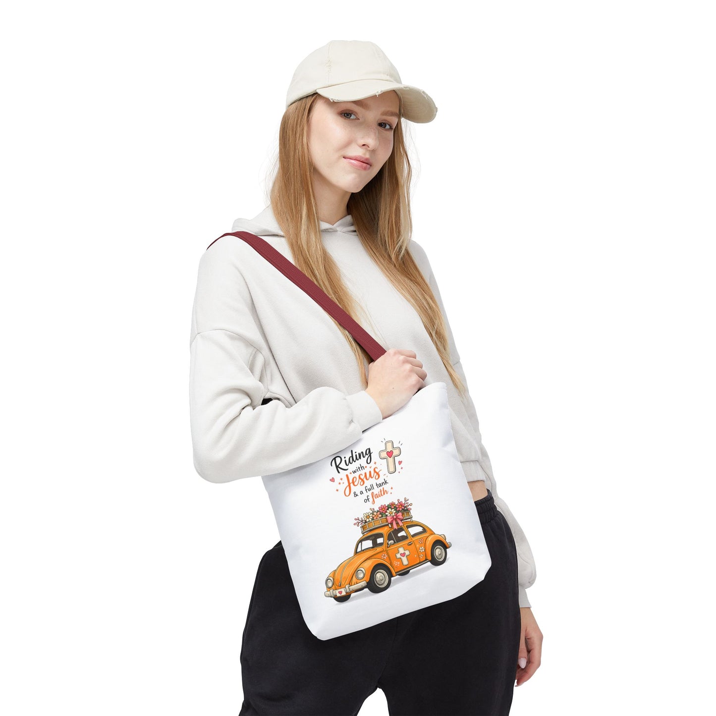 Christian Tote Bag — “Riding with Jesus” Floral Beetle Illustration