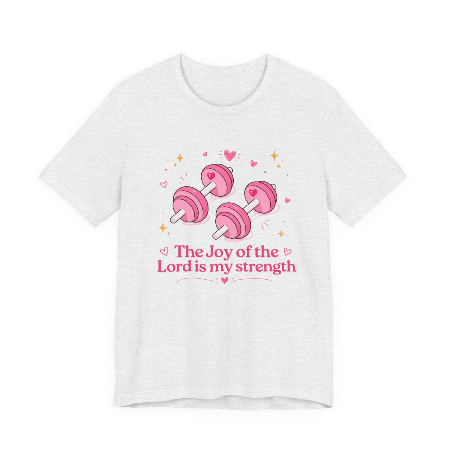 Christian Fitness T-Shirt — “The Joy of the Lord is My Strength” Pink Dumbbells Tee