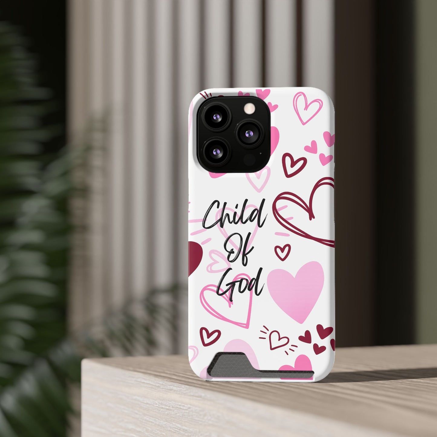 Phone Case — "Child of God" Card Holder Case, Pink Hearts Christian Phone Cover
