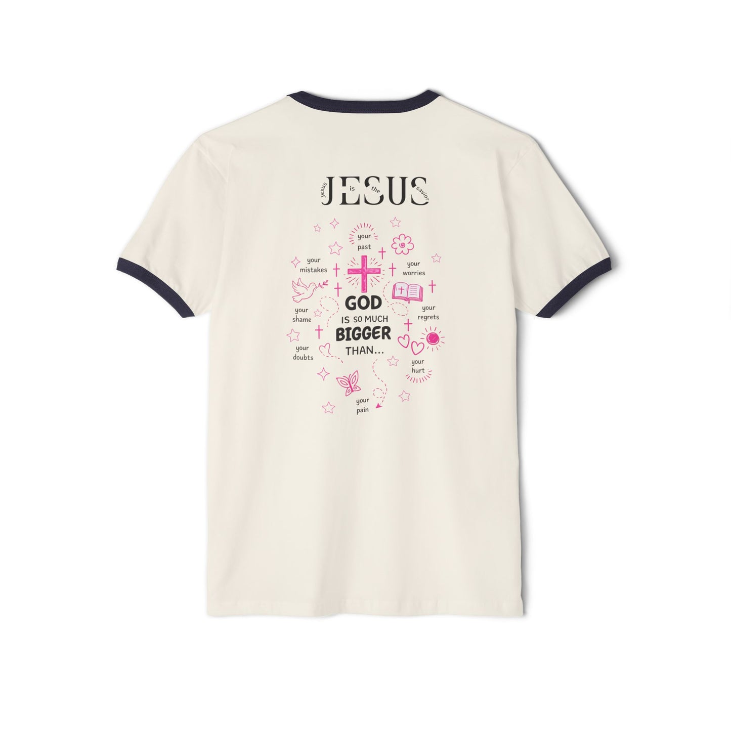 Christian Ringer T-Shirt — 'CHRIST' Front / 'JESUS' Back Religious Tee