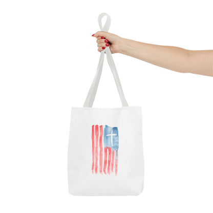 Patriotic Faith Tote Bag — Watercolor Flag with Cross & "Blessed By the Lord" Scripture