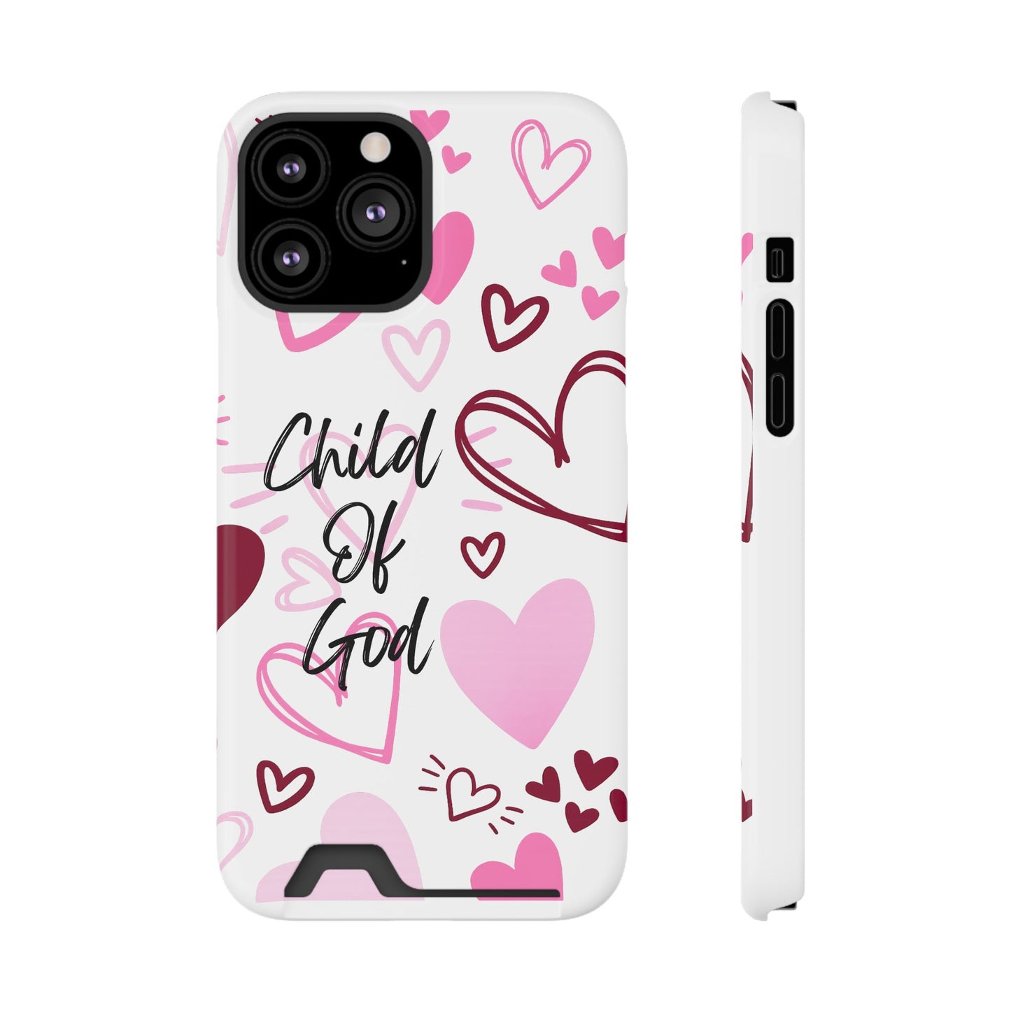 Phone Case — "Child of God" Card Holder Case, Pink Hearts Christian Phone Cover