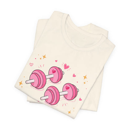 Christian Fitness T-Shirt — “The Joy of the Lord is My Strength” Pink Dumbbells Tee