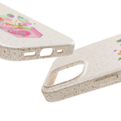 Biodegradable Phone Case — Cute Flamingo & Fruit Hearts "Fruity Love" Eco-Friendly iPhone Cover