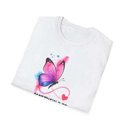 Faith Butterfly T-Shirt — Matthew 9:29 "Because of Your Faith" Inspirational Tee