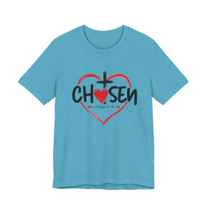 Chosen Heart Christian T-Shirt — "Chosen" with Cross & 1 Peter 2:9 Faith Tee
