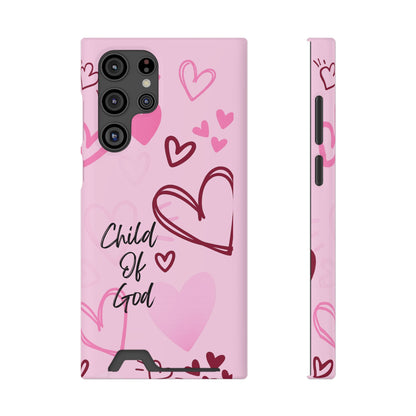 Pink "Child of God" Phone Card Case — Heart Pattern Religious Phone Case with Card Holder