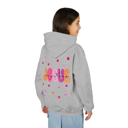 Youth Hoodie — “Jesus” Colorful Polka Dot Christian Pullover